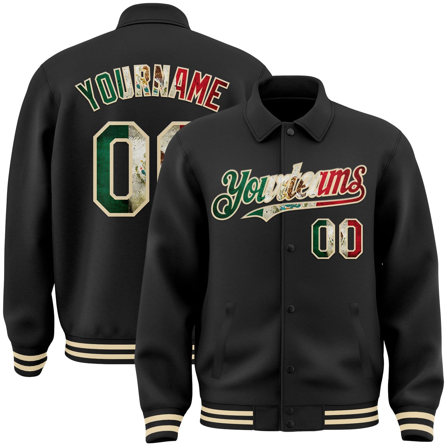Custom Black Vintage Mexican Flag-Cream Bomber Full-Snap Varsity Letterman Lapel Collar Byron Jacket - Main View