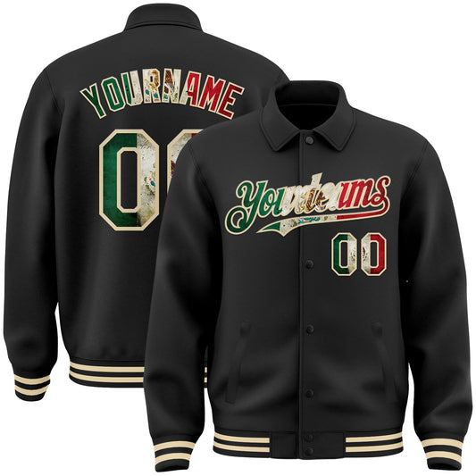 Custom Black Vintage Mexican Flag-Cream Bomber Full-Snap Varsity Letterman Lapel Collar Byron Jacket - Main View