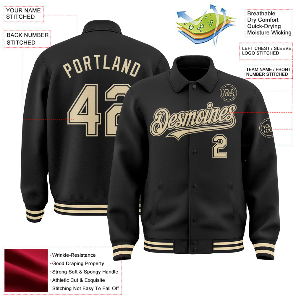 Custom Black Cream Bomber Full-Snap Varsity Letterman Lapel Collar Byron Jacket view 3