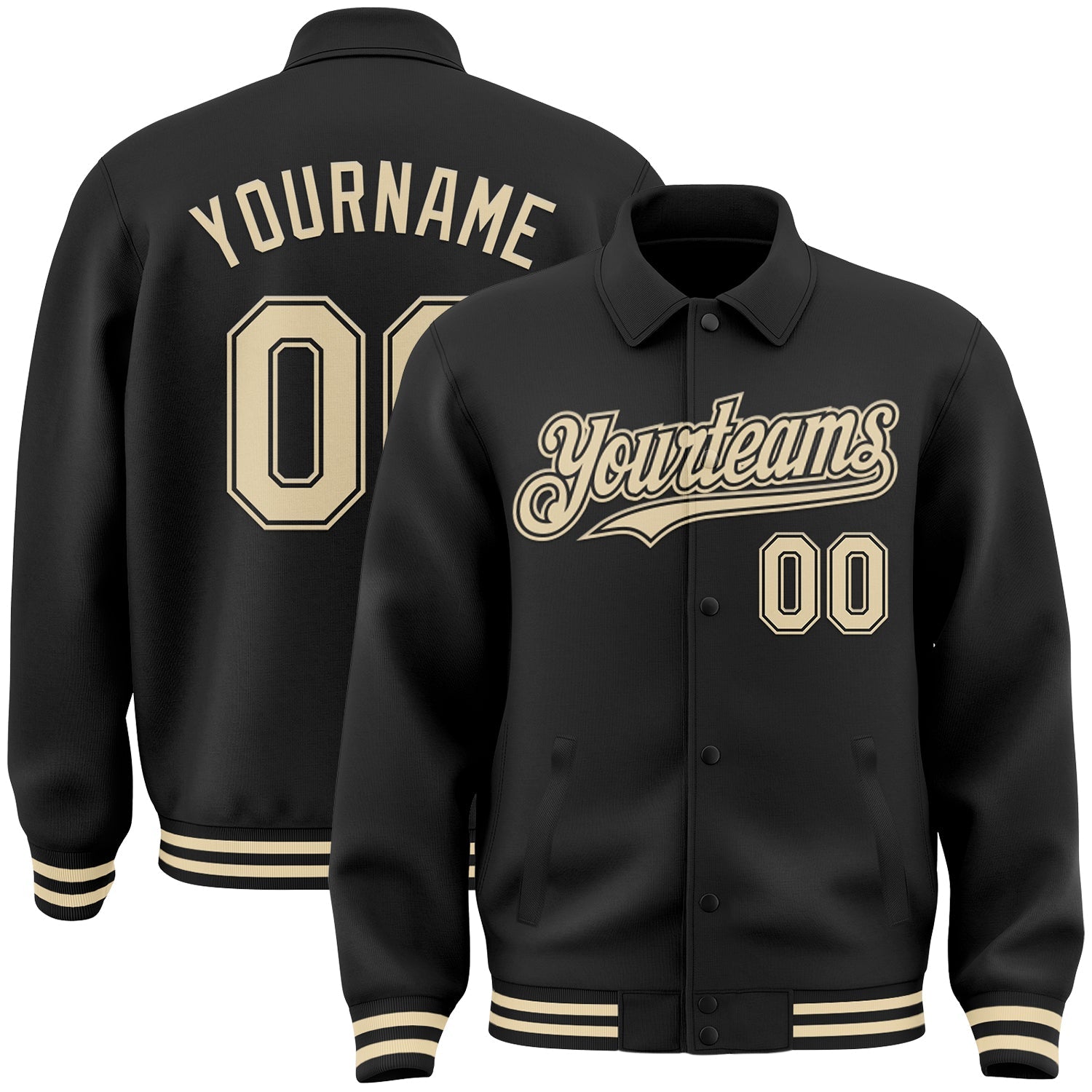 Custom Black Cream Bomber Full-Snap Varsity Letterman Lapel Collar Byron Jacket - Main View