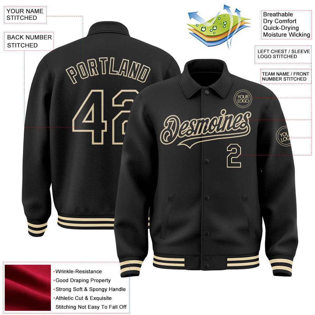Custom Black Cream Bomber Full-Snap Varsity Letterman Lapel Collar Byron Jacket view 3