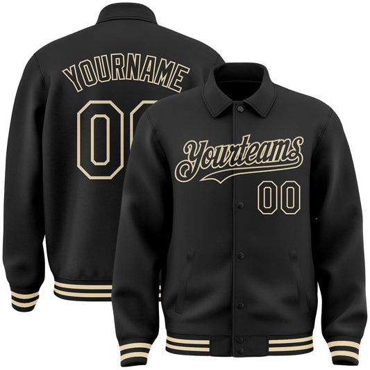 Custom Black Cream Bomber Full-Snap Varsity Letterman Lapel Collar Byron Jacket - Main View
