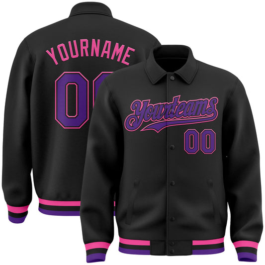 Custom Black Purple-Pink Bomber Full-Snap Varsity Letterman Lapel Collar Byron Jacket - Main View