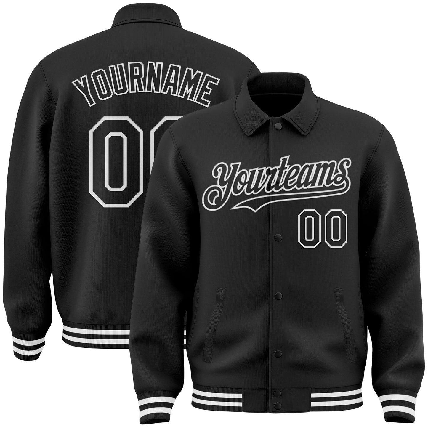 Custom Black White Bomber Full-Snap Varsity Letterman Lapel Collar Byron Jacket - Main View