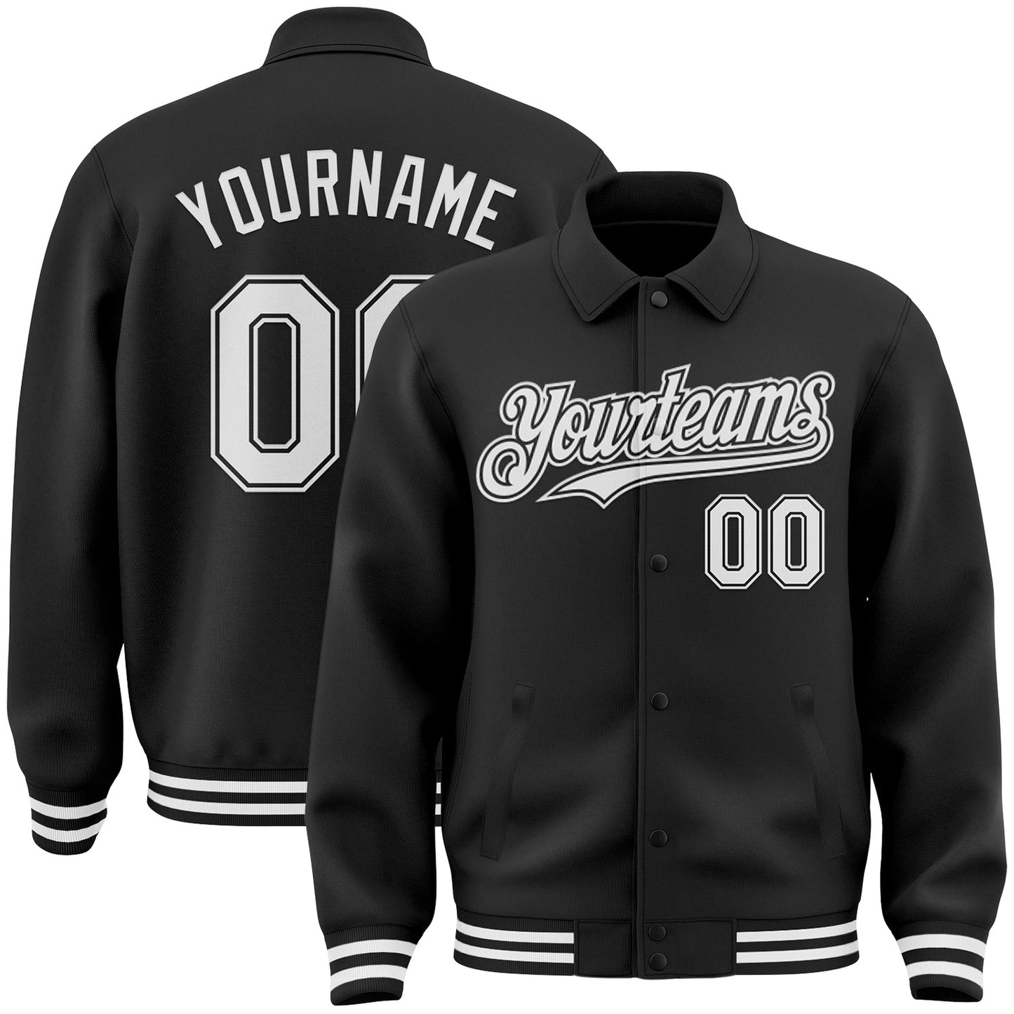 Custom Black White Bomber Full-Snap Varsity Letterman Lapel Collar Byron Jacket - Main View