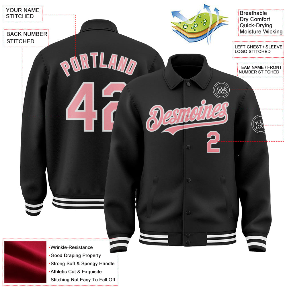 Custom Black Medium Pink-White Bomber Full-Snap Varsity Letterman Lapel Collar Byron Jacket view 3