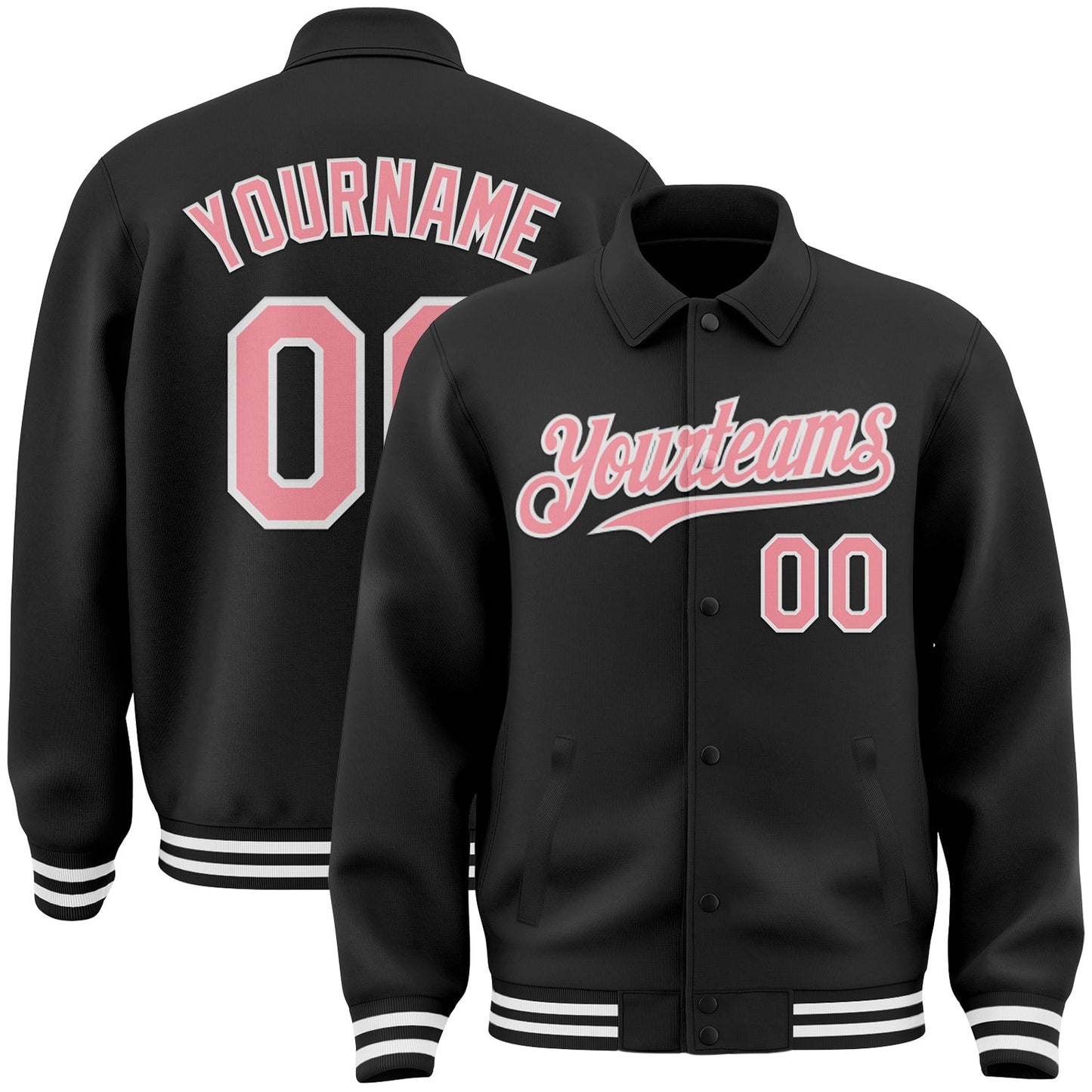 Custom Black Medium Pink-White Bomber Full-Snap Varsity Letterman Lapel Collar Byron Jacket - Main View