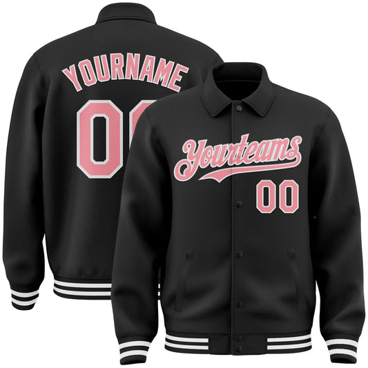 Custom Black Medium Pink-White Bomber Full-Snap Varsity Letterman Lapel Collar Byron Jacket - Main View