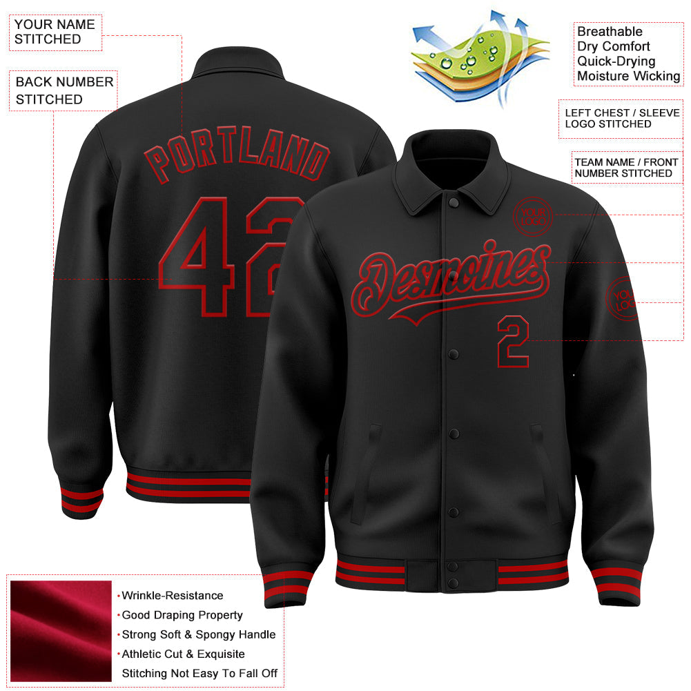 Custom Black Red Bomber Full-Snap Varsity Letterman Lapel Collar Byron Jacket view 3