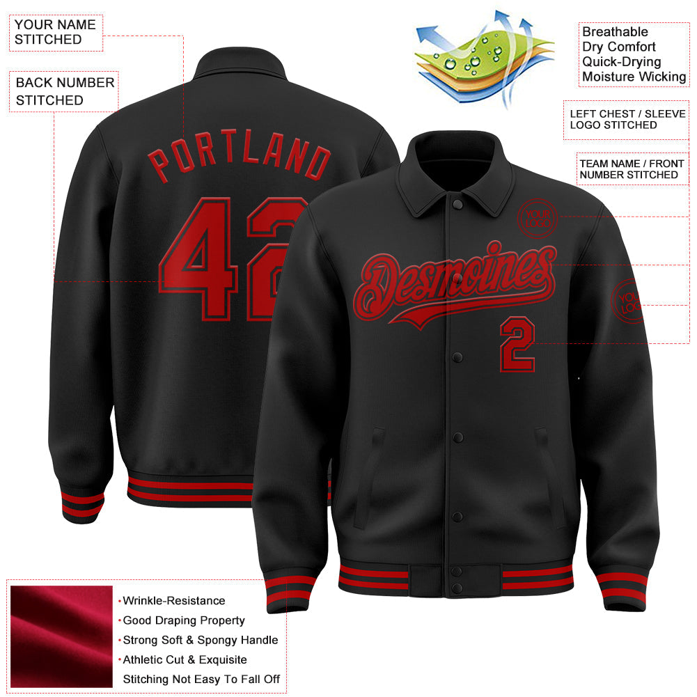 Custom Black Red Bomber Full-Snap Varsity Letterman Lapel Collar Byron Jacket view 3
