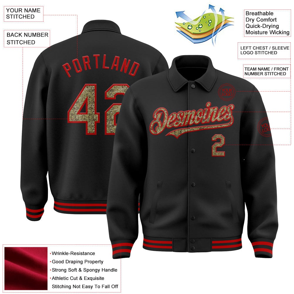 Custom Black Camo-Red Bomber Full-Snap Varsity Letterman Lapel Collar Byron Jacket view 3