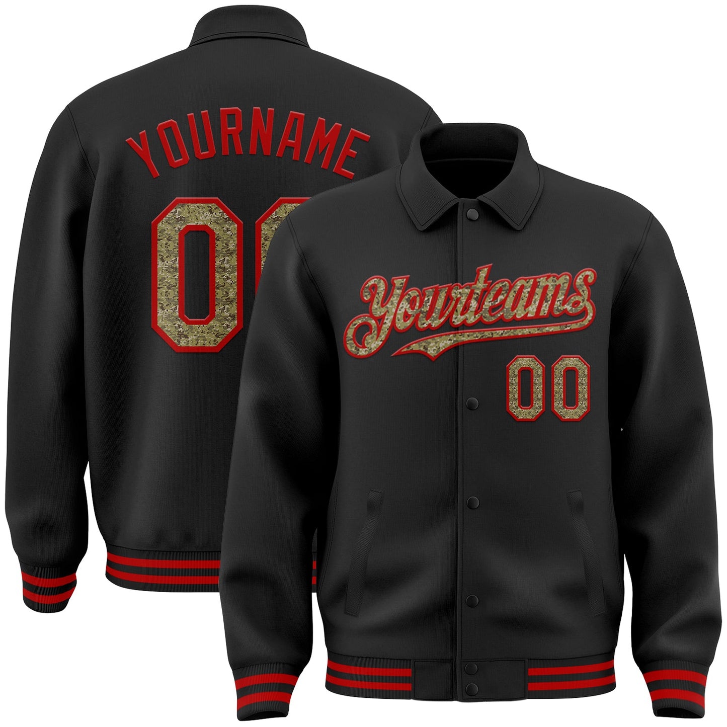 Custom Black Camo-Red Bomber Full-Snap Varsity Letterman Lapel Collar Byron Jacket - Main View