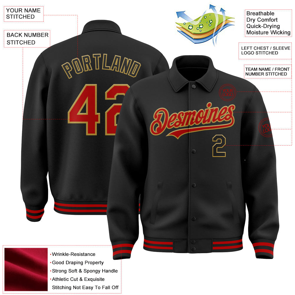 Custom Black Red-Old Gold Bomber Full-Snap Varsity Letterman Lapel Collar Byron Jacket view 3
