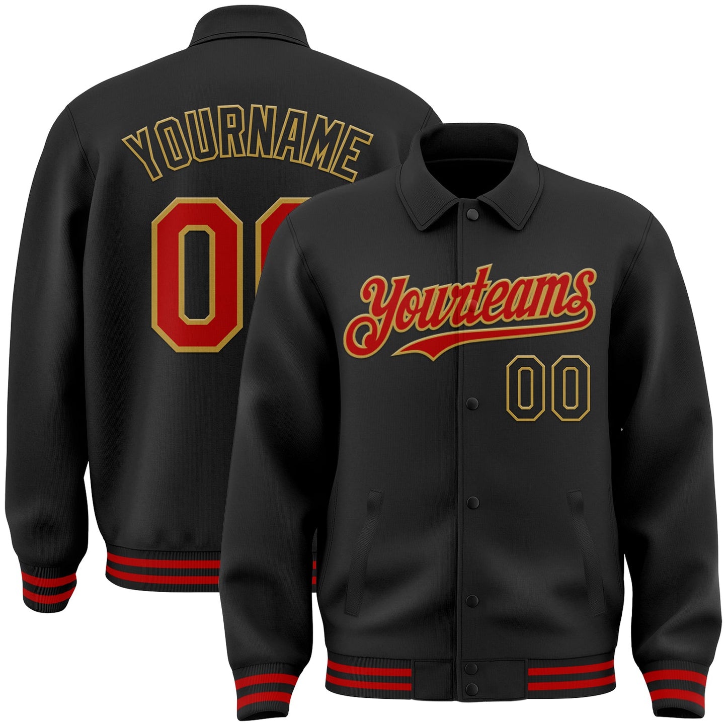 Custom Black Red-Old Gold Bomber Full-Snap Varsity Letterman Lapel Collar Byron Jacket - Main View