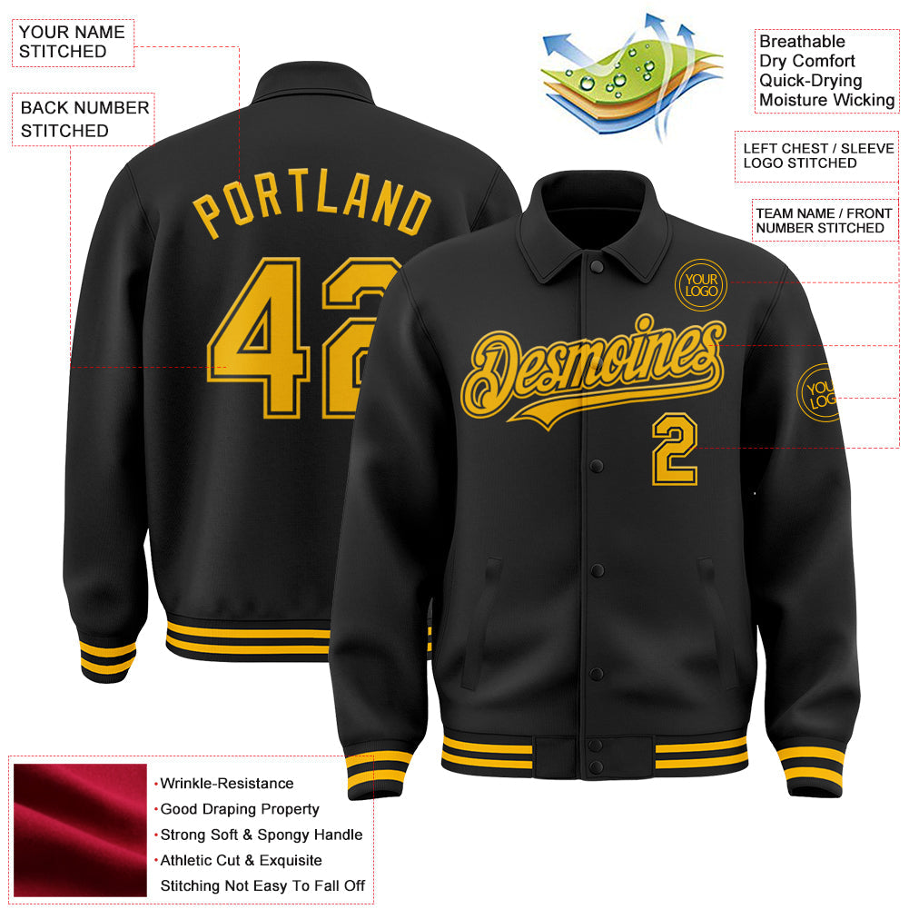Custom Black Gold Bomber Full-Snap Varsity Letterman Lapel Collar Byron Jacket view 3
