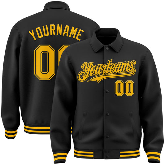 Custom Black Gold Bomber Full-Snap Varsity Letterman Lapel Collar Byron Jacket - Main View