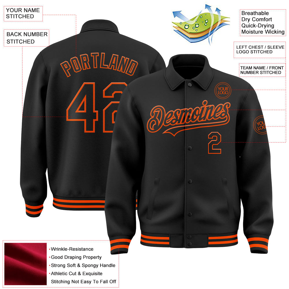 Custom Black Orange Bomber Full-Snap Varsity Letterman Lapel Collar Byron Jacket view 3