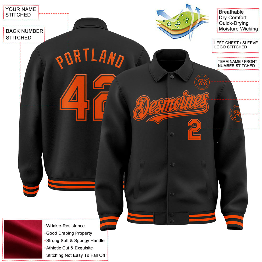 Custom Black Orange Bomber Full-Snap Varsity Letterman Lapel Collar Byron Jacket view 3