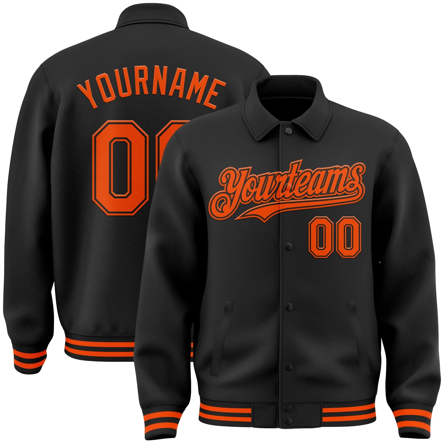 Custom Black Orange Bomber Full-Snap Varsity Letterman Lapel Collar Byron Jacket - Main View