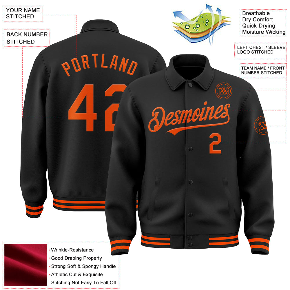 Custom Black Orange Bomber Full-Snap Varsity Letterman Lapel Collar Byron Jacket view 3