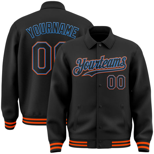 Custom Black Powder Blue-Orange Bomber Full-Snap Varsity Letterman Lapel Collar Byron Jacket - Main View