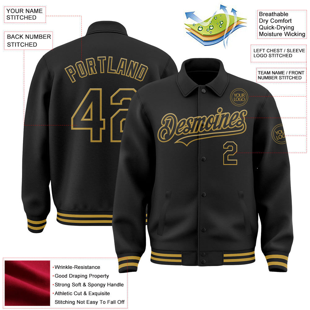 Custom Black Old Gold Bomber Full-Snap Varsity Letterman Lapel Collar Byron Jacket view 3