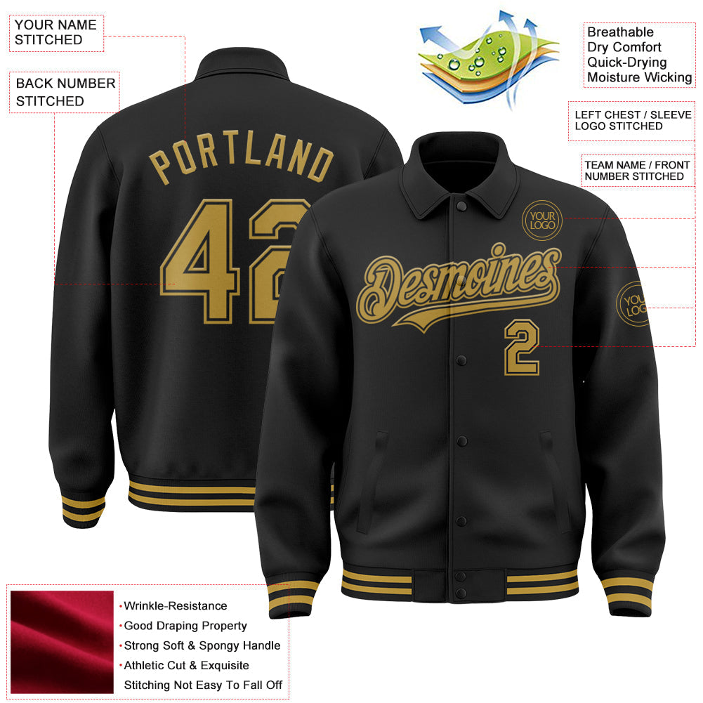 Custom Black Old Gold Bomber Full-Snap Varsity Letterman Lapel Collar Byron Jacket view 3