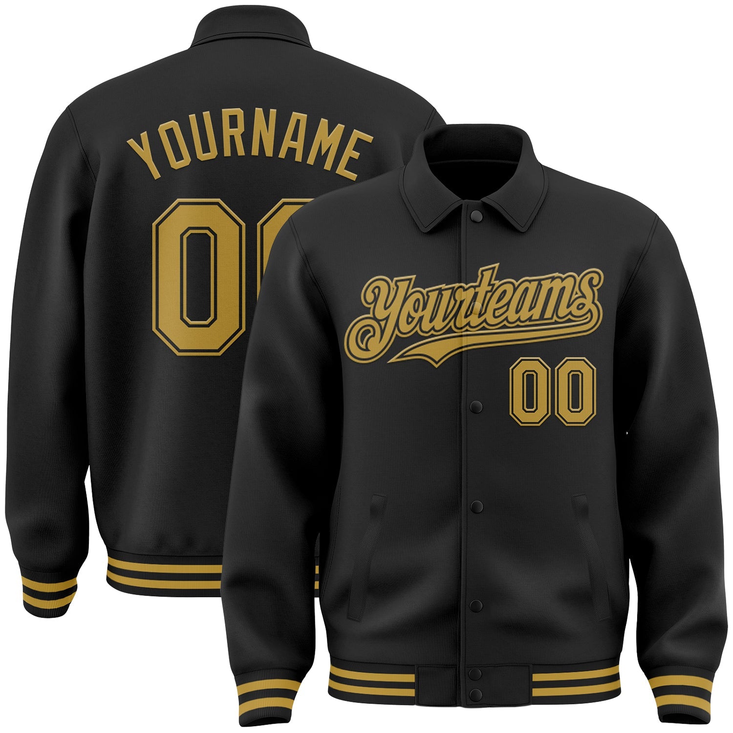 Custom Black Old Gold Bomber Full-Snap Varsity Letterman Lapel Collar Byron Jacket - Main View