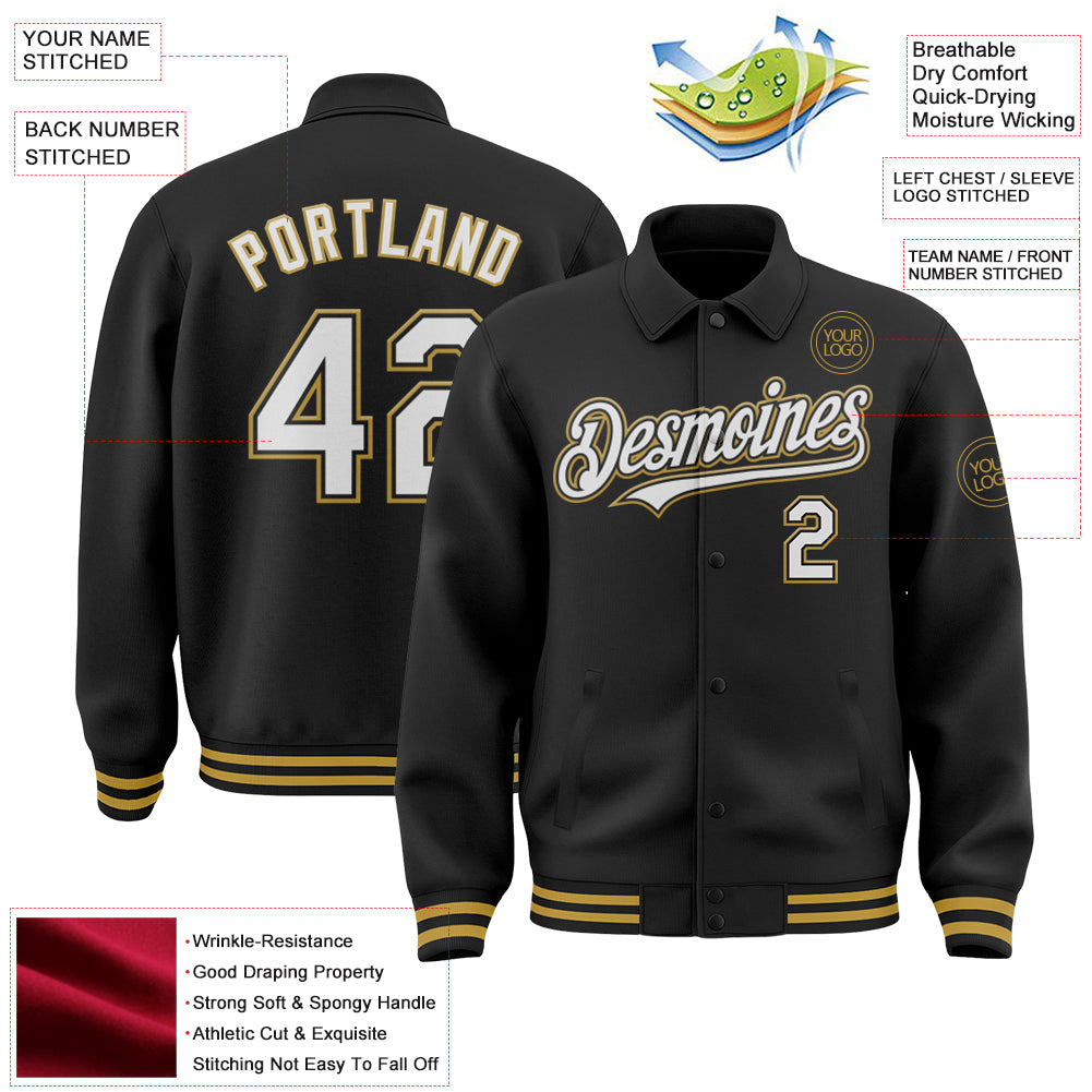 Custom Black White-Old Gold Bomber Full-Snap Varsity Letterman Lapel Collar Byron Jacket view 3