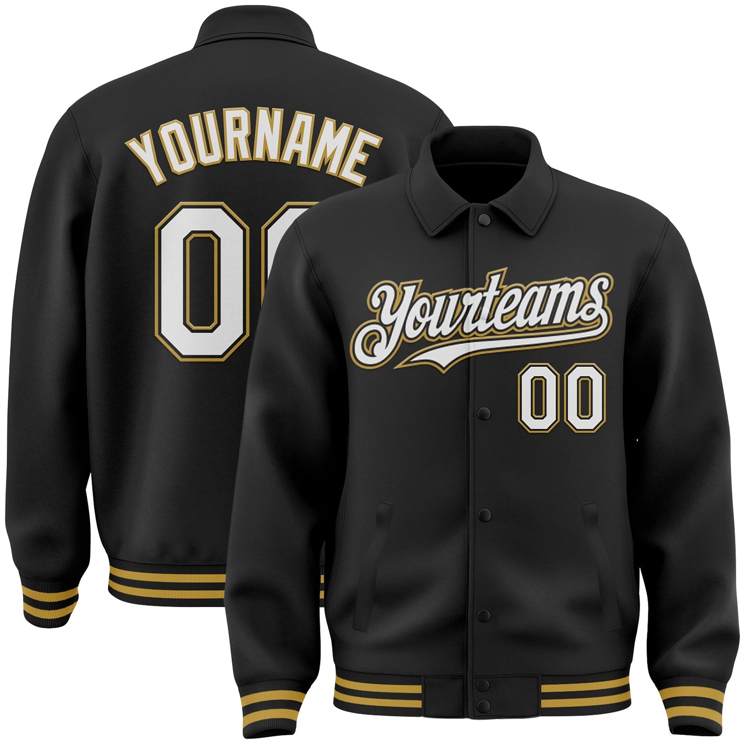 Custom Black White-Old Gold Bomber Full-Snap Varsity Letterman Lapel Collar Byron Jacket - Main View