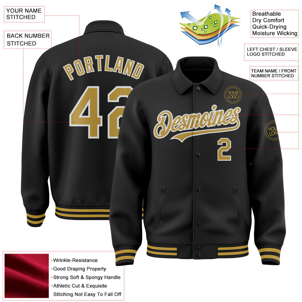 Custom Black Old Gold-White Bomber Full-Snap Varsity Letterman Lapel Collar Byron Jacket view 3