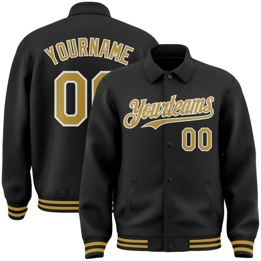 Custom Black Old Gold-White Bomber Full-Snap Varsity Letterman Lapel Collar Byron Jacket - Main View