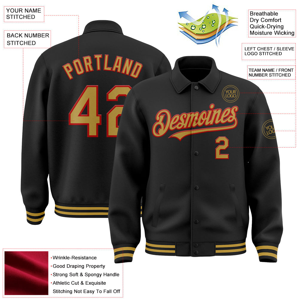 Custom Black Old Gold-Red Bomber Full-Snap Varsity Letterman Lapel Collar Byron Jacket view 3