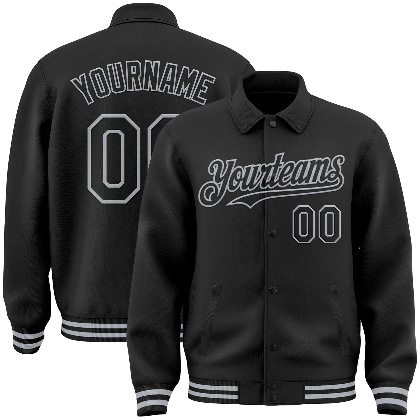 Custom Black Gray Bomber Full-Snap Varsity Letterman Lapel Collar Byron Jacket - Main View