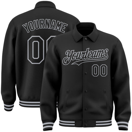 Custom Black Gray Bomber Full-Snap Varsity Letterman Lapel Collar Byron Jacket - Main View