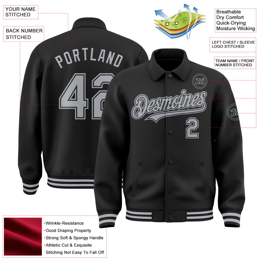 Custom Black Gray Bomber Full-Snap Varsity Letterman Lapel Collar Byron Jacket view 3