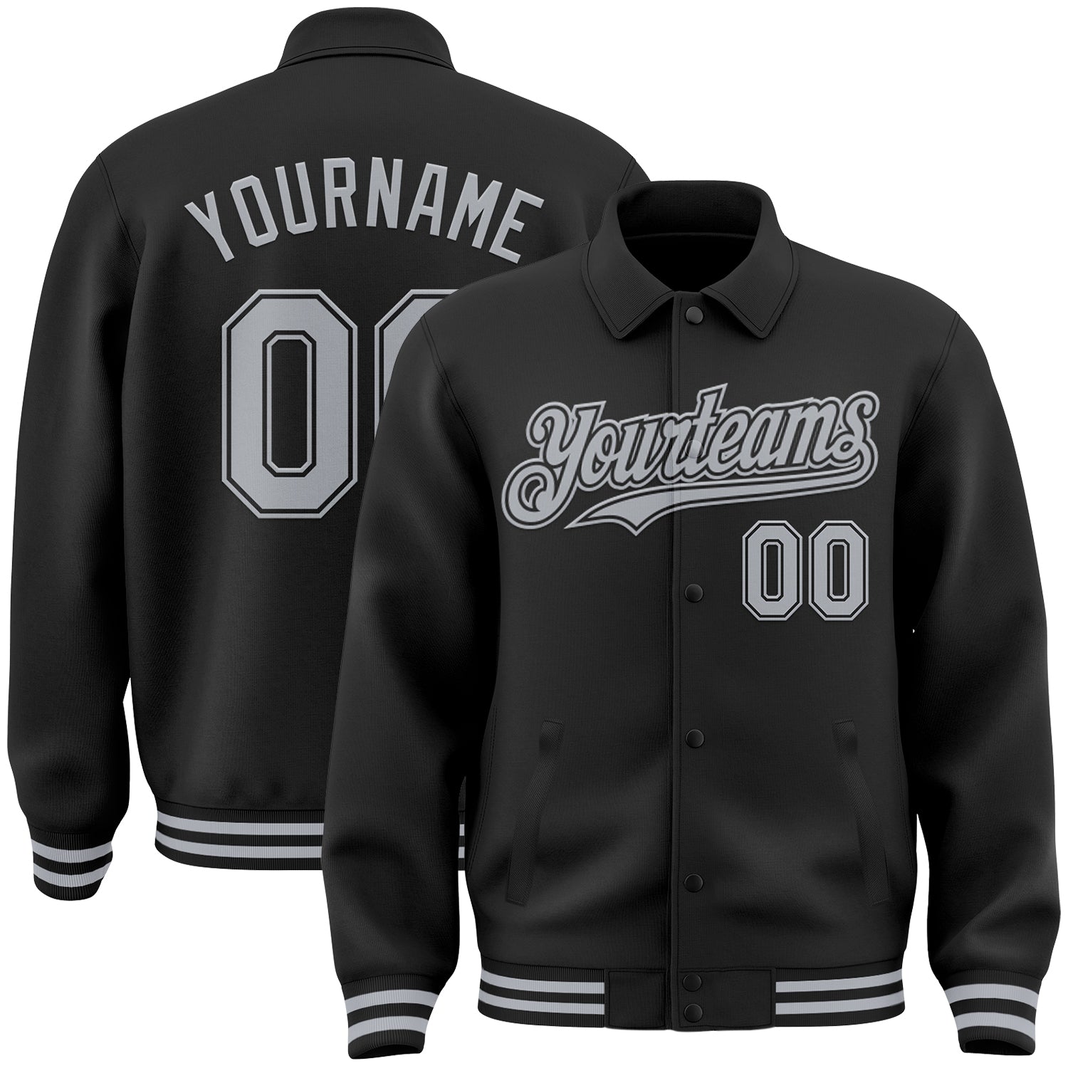 Custom Black Gray Bomber Full-Snap Varsity Letterman Lapel Collar Byron Jacket - Main View