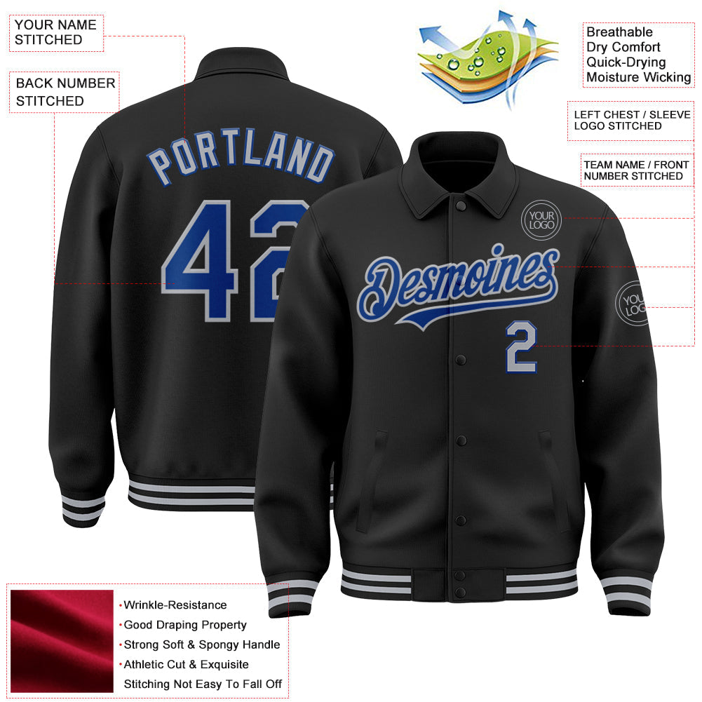 Custom Black Royal-Gray Bomber Full-Snap Varsity Letterman Lapel Collar Byron Jacket view 3