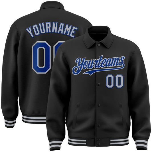 Custom Black Royal-Gray Bomber Full-Snap Varsity Letterman Lapel Collar Byron Jacket - Main View
