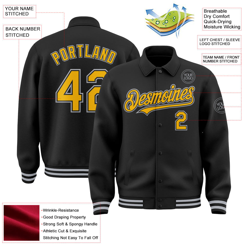 Custom Black Gold-Gray Bomber Full-Snap Varsity Letterman Lapel Collar Byron Jacket view 3