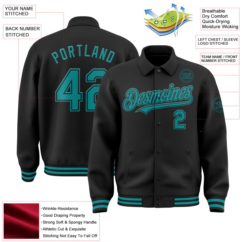 Custom Black Teal Bomber Full-Snap Varsity Letterman Lapel Collar Byron Jacket view 3