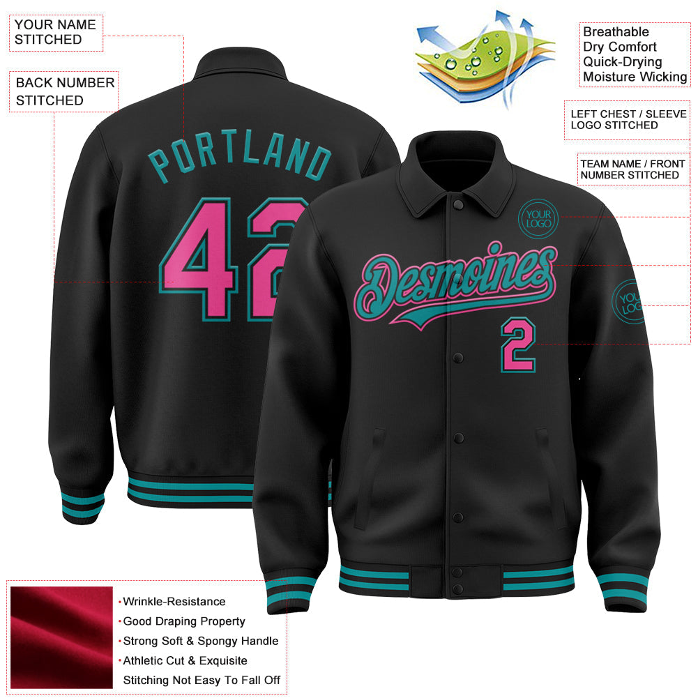 Custom Black Pink-Teal Bomber Full-Snap Varsity Letterman Lapel Collar Byron Jacket view 3