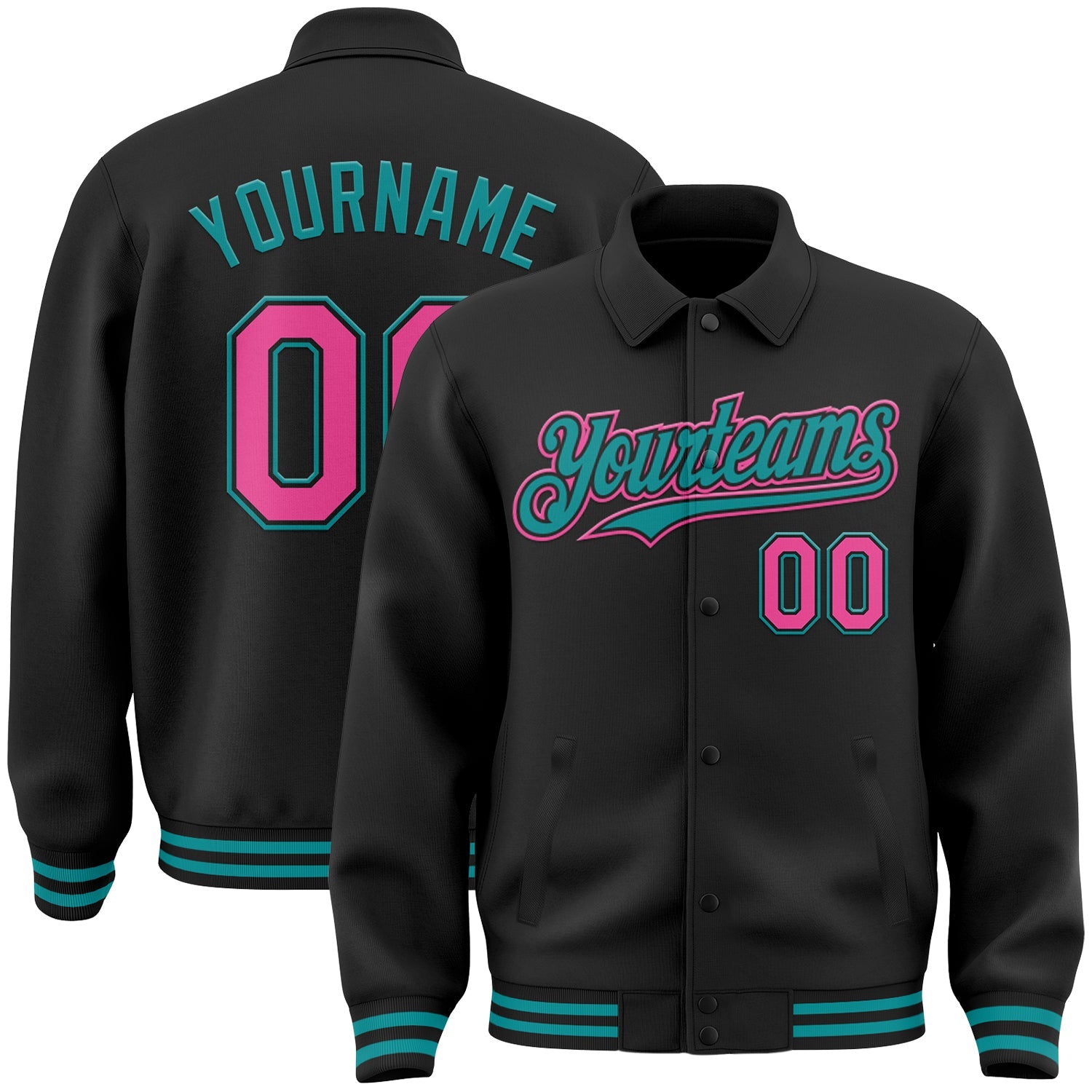 Custom Black Pink-Teal Bomber Full-Snap Varsity Letterman Lapel Collar Byron Jacket - Main View