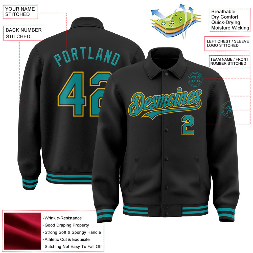 Custom Black Teal-Yellow Bomber Full-Snap Varsity Letterman Lapel Collar Byron Jacket view 3