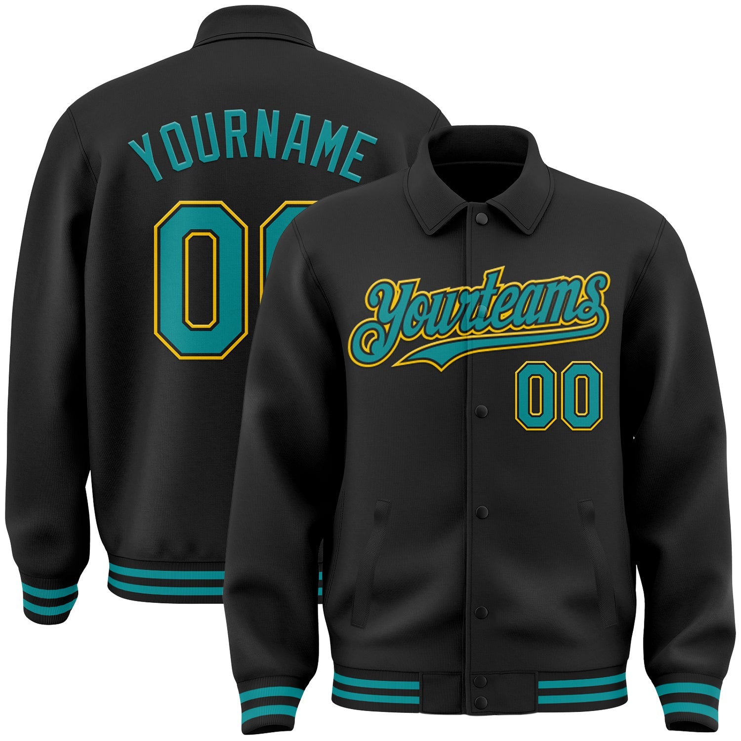 Custom Black Teal-Yellow Bomber Full-Snap Varsity Letterman Lapel Collar Byron Jacket - Main View