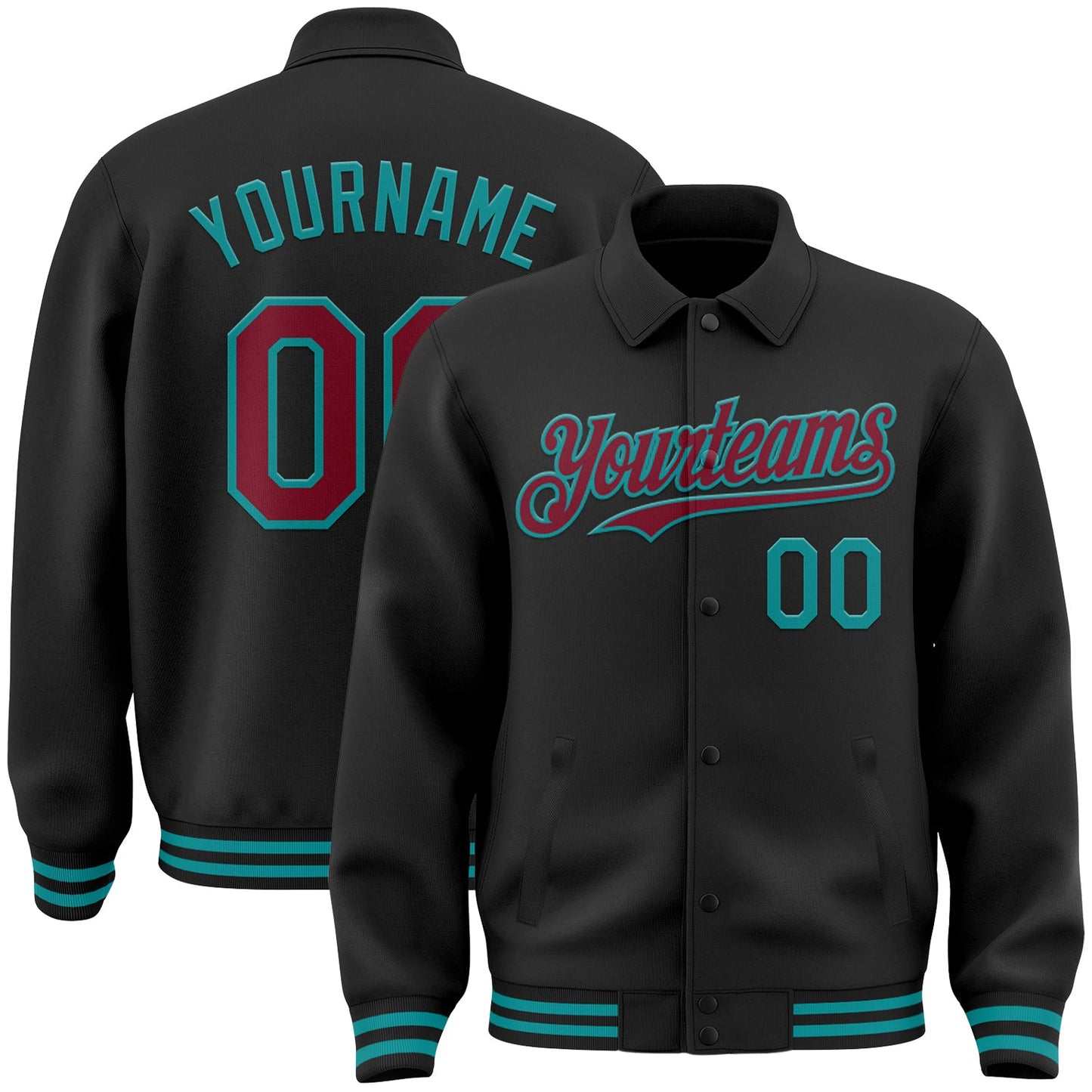 Custom Black Crimson-Teal Bomber Full-Snap Varsity Letterman Lapel Collar Byron Jacket - Main View