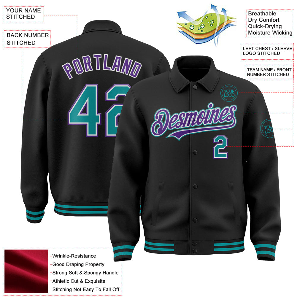 Custom Black Teal-Purple Bomber Full-Snap Varsity Letterman Lapel Collar Byron Jacket view 3