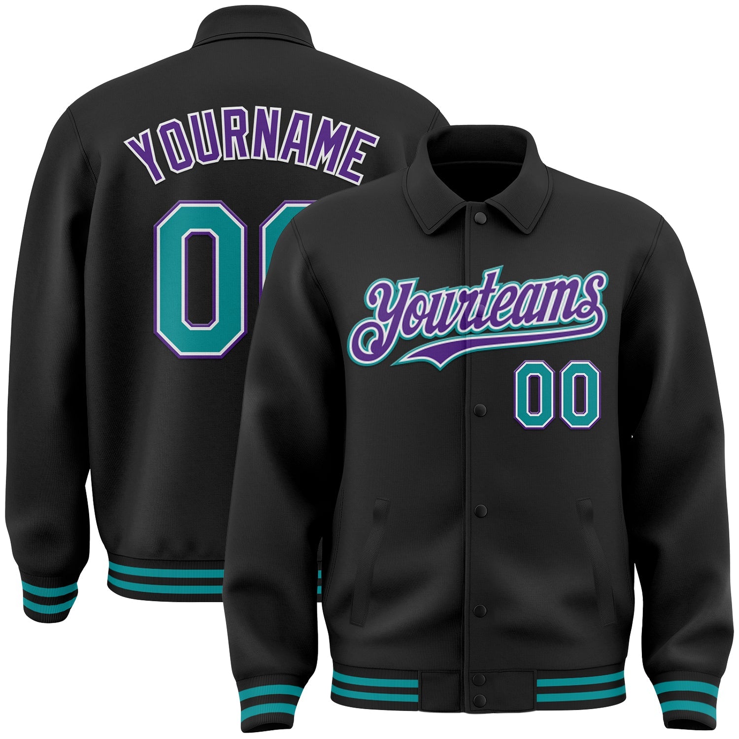Custom Black Teal-Purple Bomber Full-Snap Varsity Letterman Lapel Collar Byron Jacket - Main View