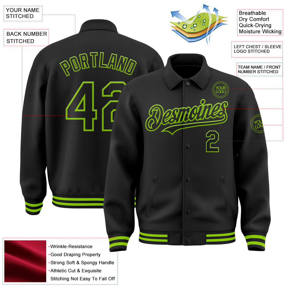 Custom Black Neon Green Bomber Full-Snap Varsity Letterman Lapel Collar Byron Jacket view 3