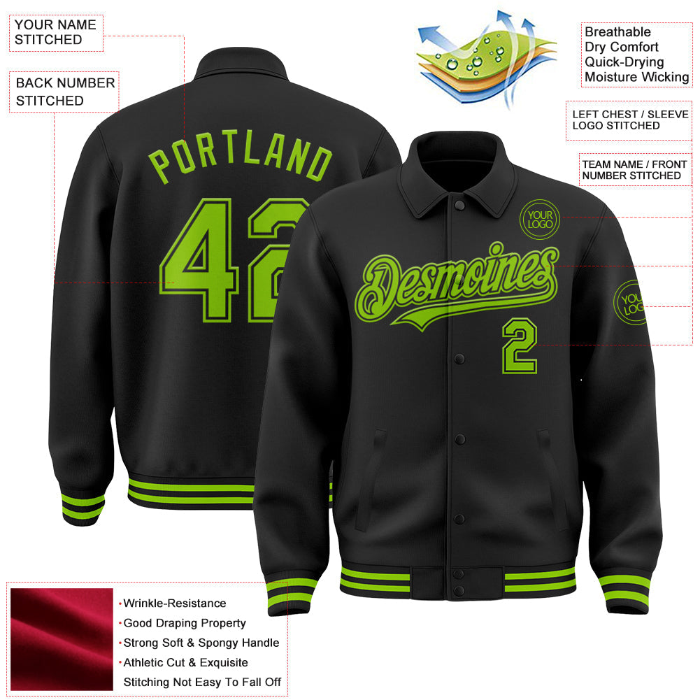 Custom Black Neon Green Bomber Full-Snap Varsity Letterman Lapel Collar Byron Jacket view 3